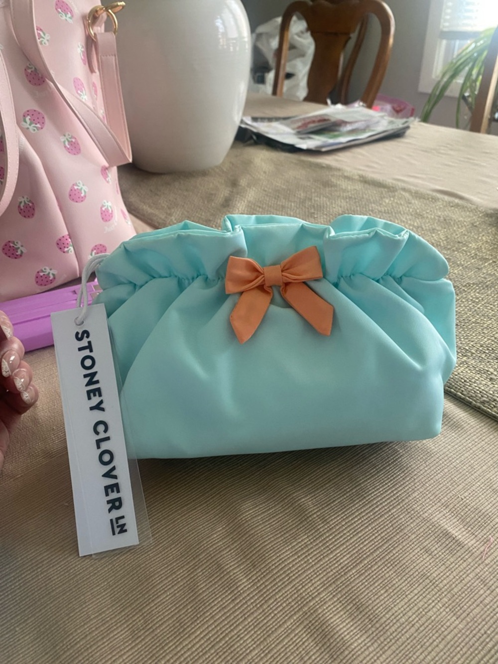 Stoney Clover Mint Cosmetic Pouch with Peach Bow